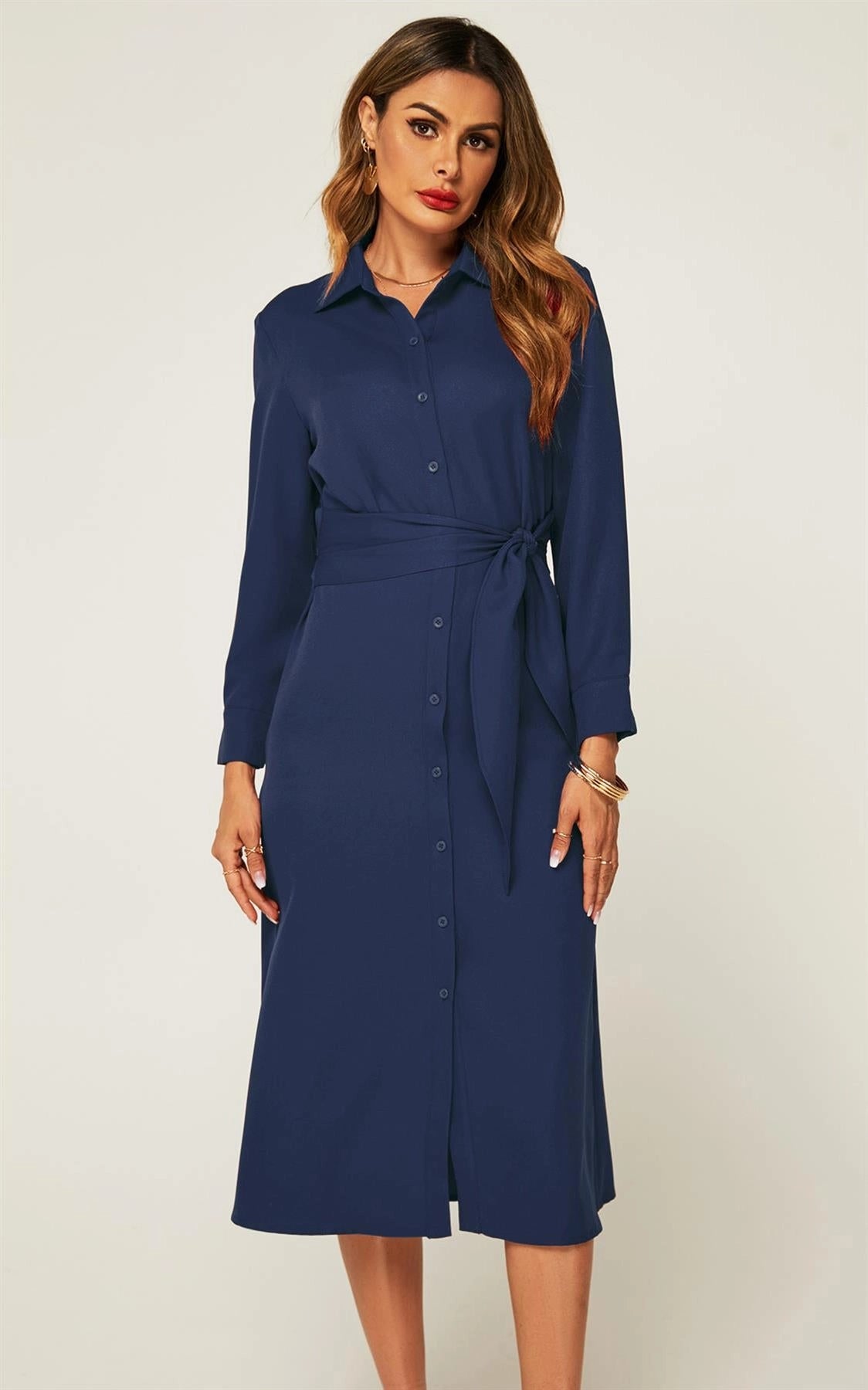 FS Collection Navy Blue Midi Shirt Dress