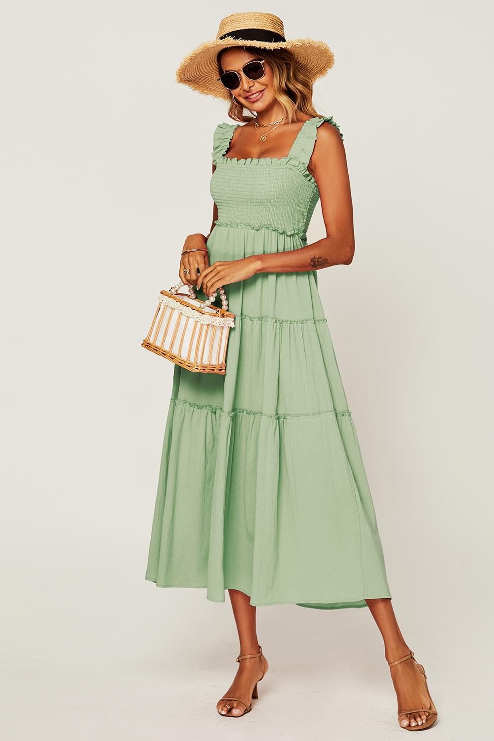 FS Collection Tiered Wide Strap Light Green Shirred Beach Sun Dress Love My Apparel FS Collection Tiered Wide Strap Light Green Shirred Beach Sun Dress Love My Apparel