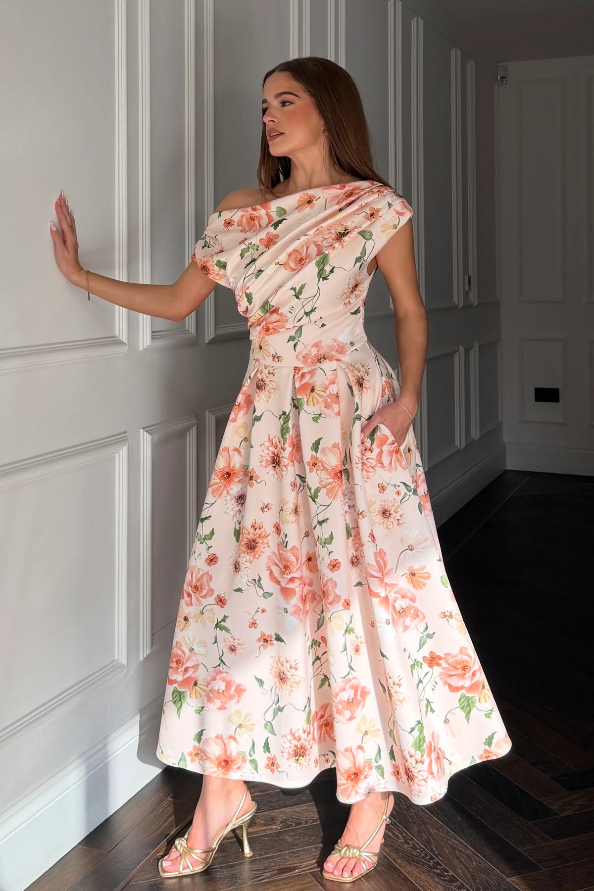 Girl In Mind Betty Asymmetric Peach Floral Midi Dress
