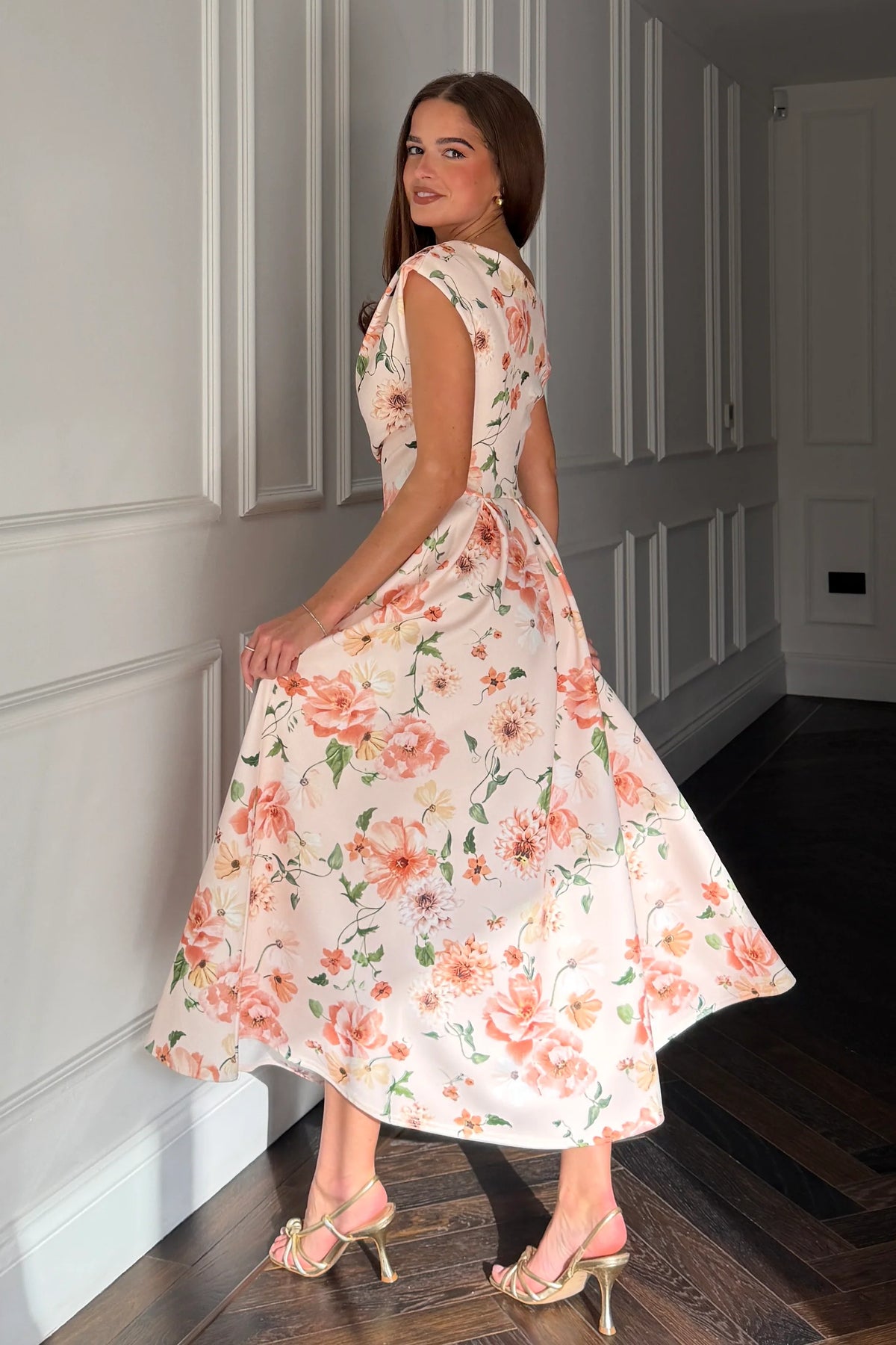 Girl In Mind Betty Asymmetric Peach Floral Midi Dress