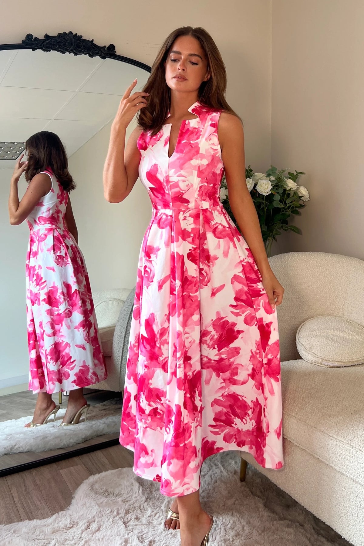 sleeveless pink midi dress Charmed Me Ribbed Knit Midi Dress Hot Pink