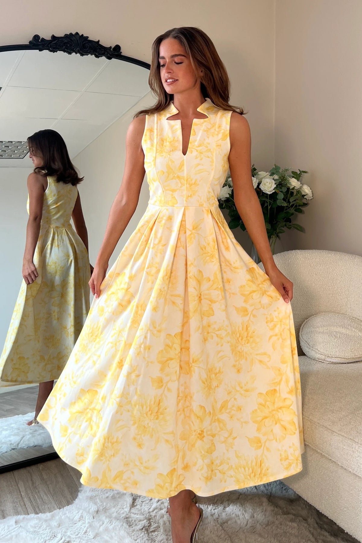 Girl In Mind Ameya Notch Sleeveless Yellow Floral Midi Dress Love My Apparel Girl In Mind Ameya Notch Sleeveless Yellow Floral Midi Dress Love My Apparel