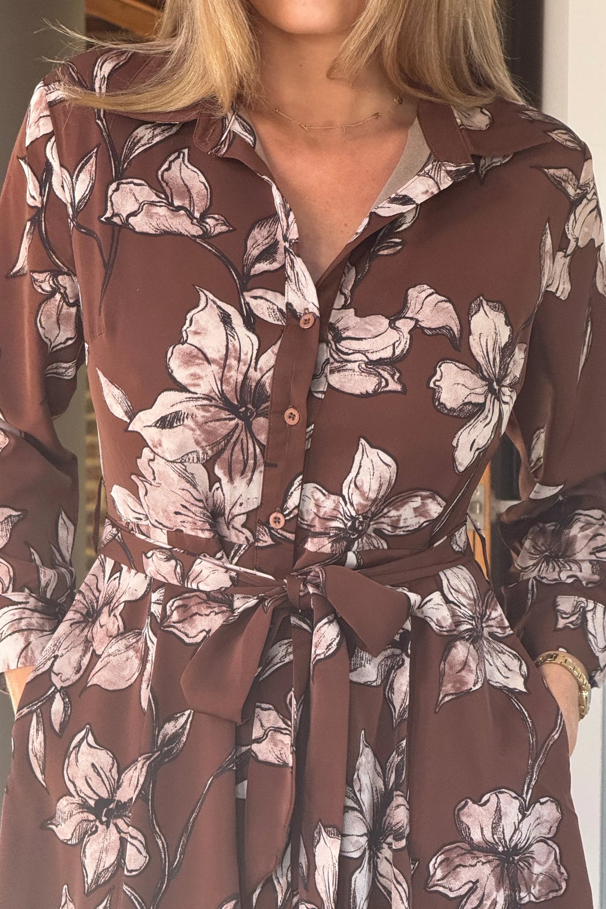 Girl In Mind Angela Long Sleeve Brown Floral Midaxi Shirt Dress
