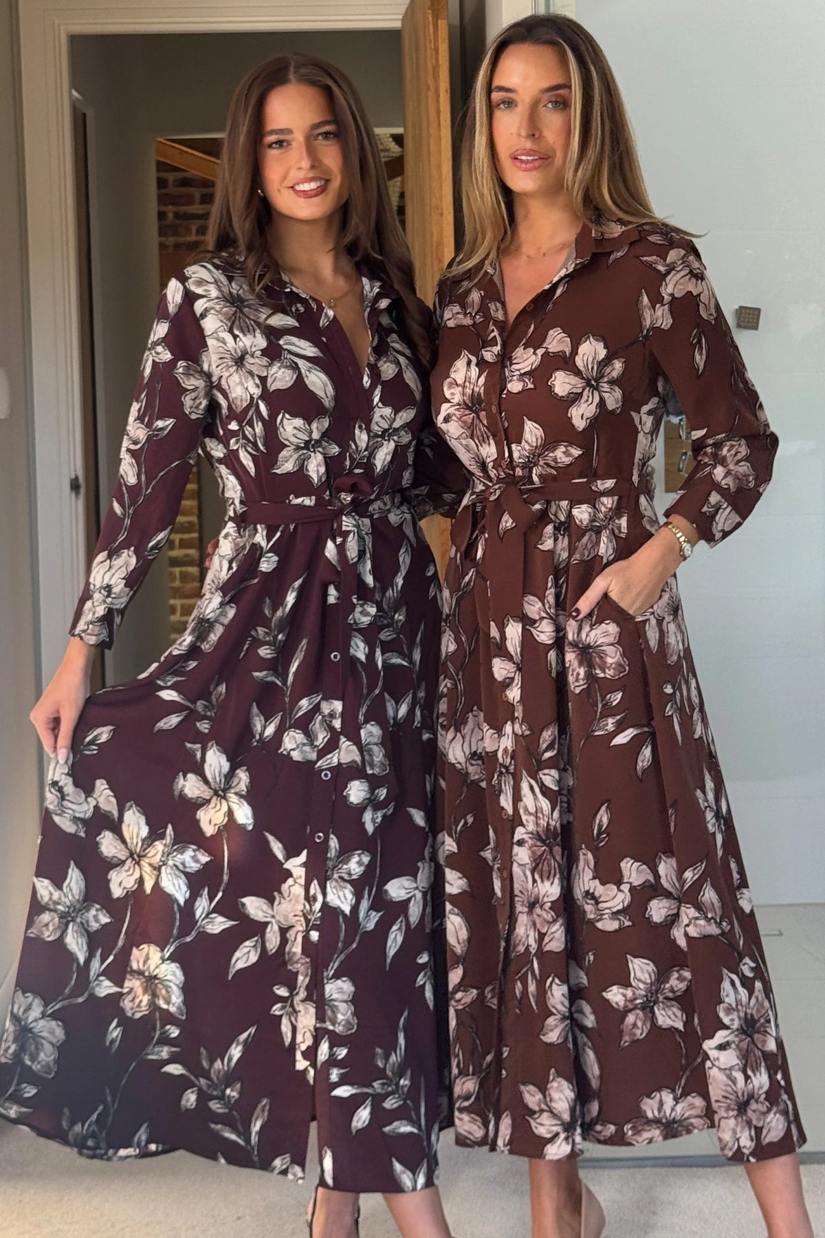 Girl In Mind Angela Long Sleeve Brown Floral Midaxi Shirt Dress