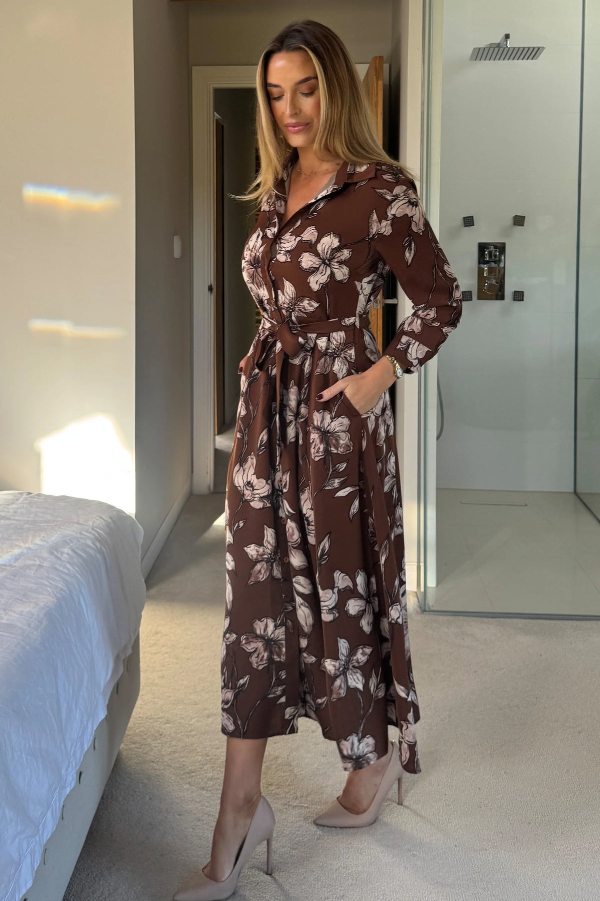 Girl In Mind Angela Long Sleeve Brown Floral Midaxi Shirt Dress