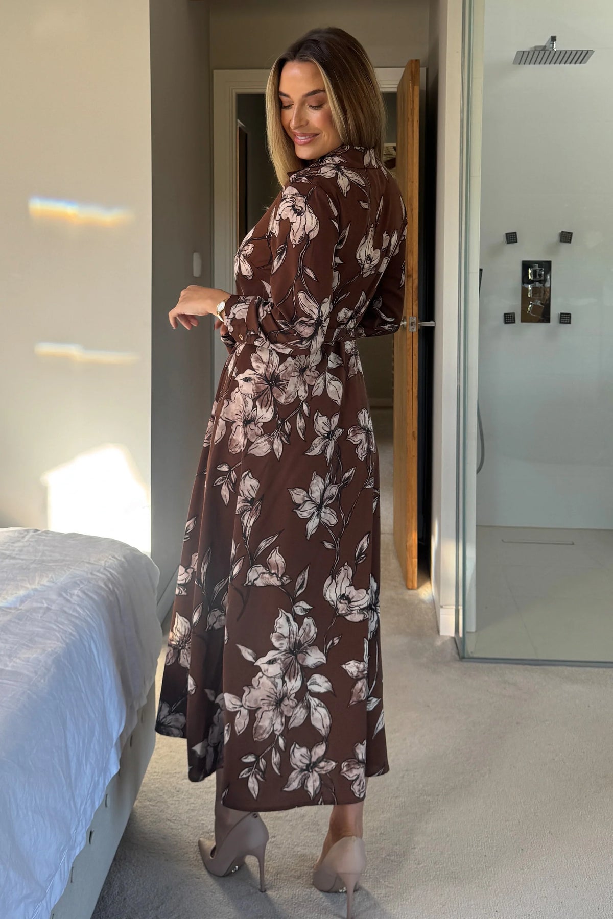 Girl In Mind Angela Long Sleeve Brown Floral Midaxi Shirt Dress