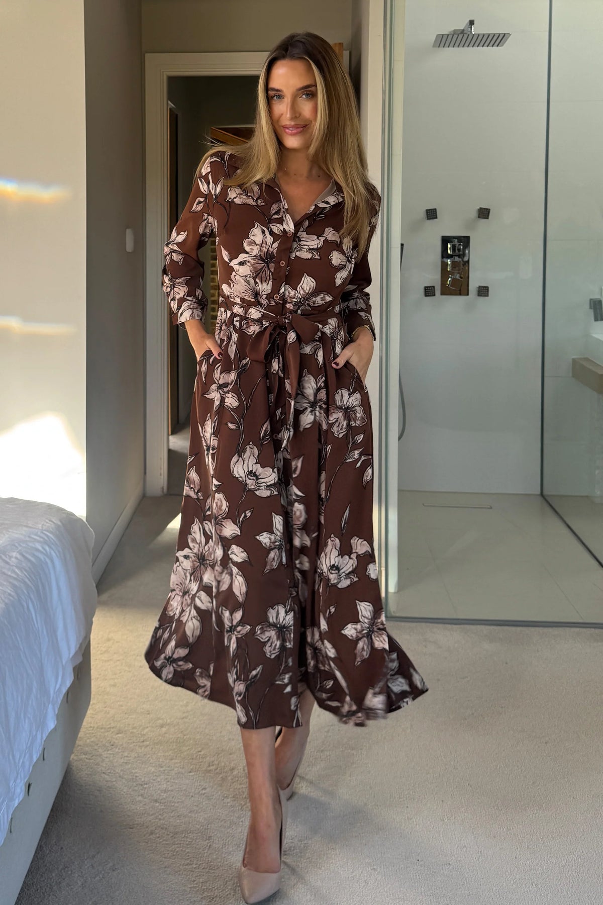 Girl In Mind Angela Long Sleeve Brown Floral Midaxi Shirt Dress