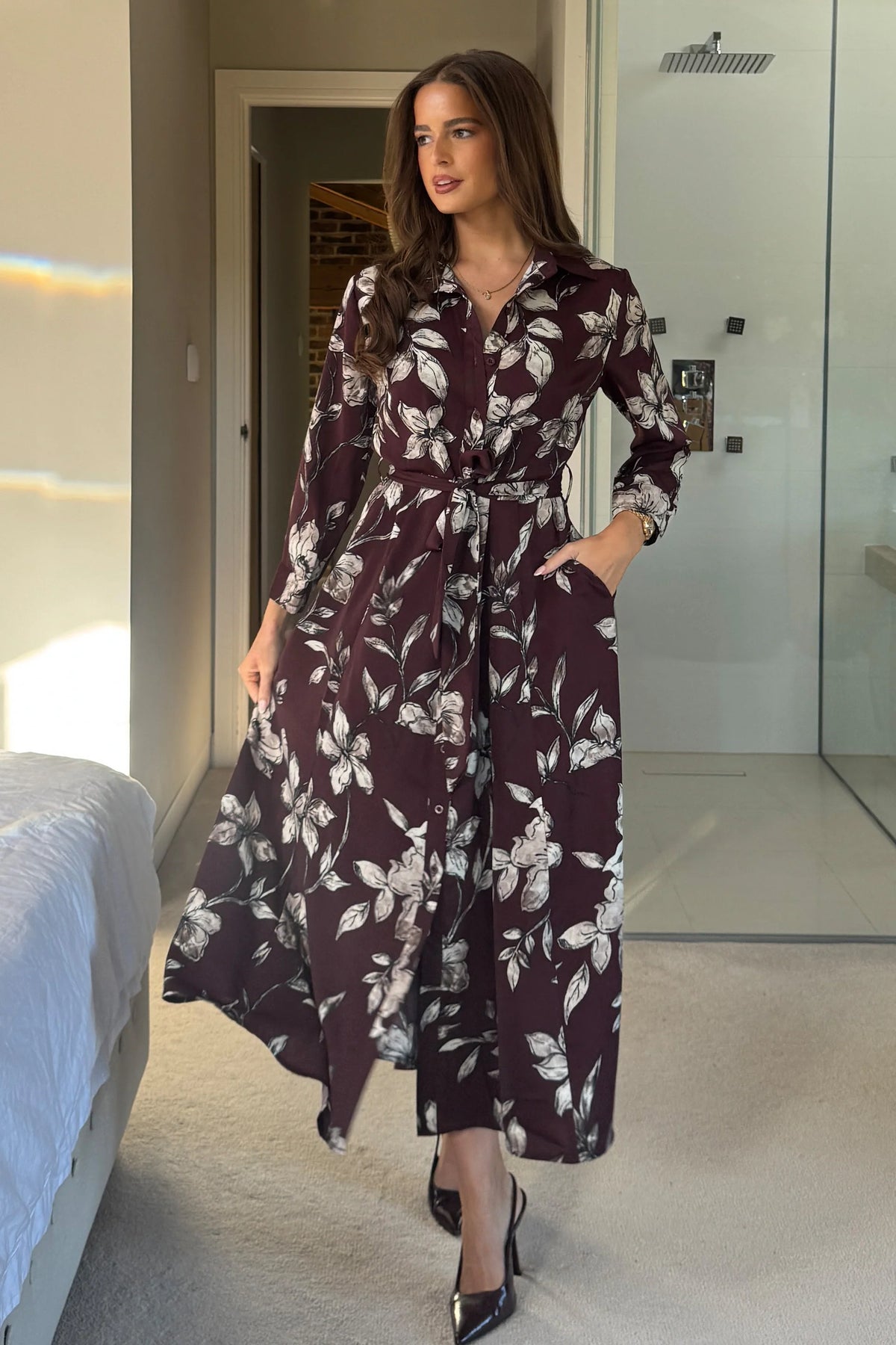 Girl In Mind Angela Long Sleeve Plum Floral Midaxi Shirt Dress