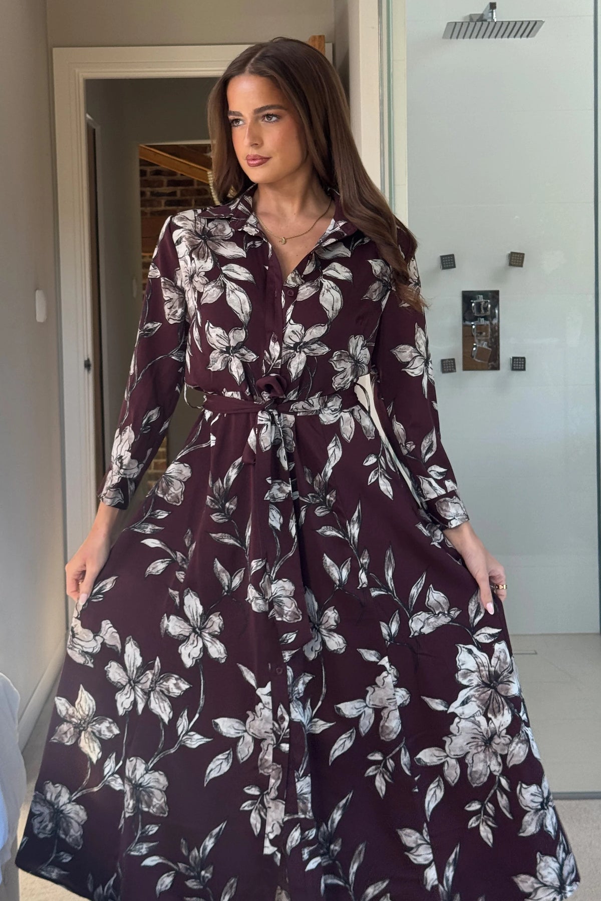 Girl In Mind Angela Long Sleeve Plum Floral Midaxi Shirt Dress