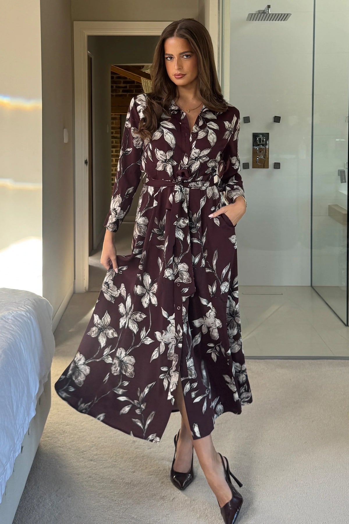 Girl In Mind Angela Long Sleeve Plum Floral Midaxi Shirt Dress