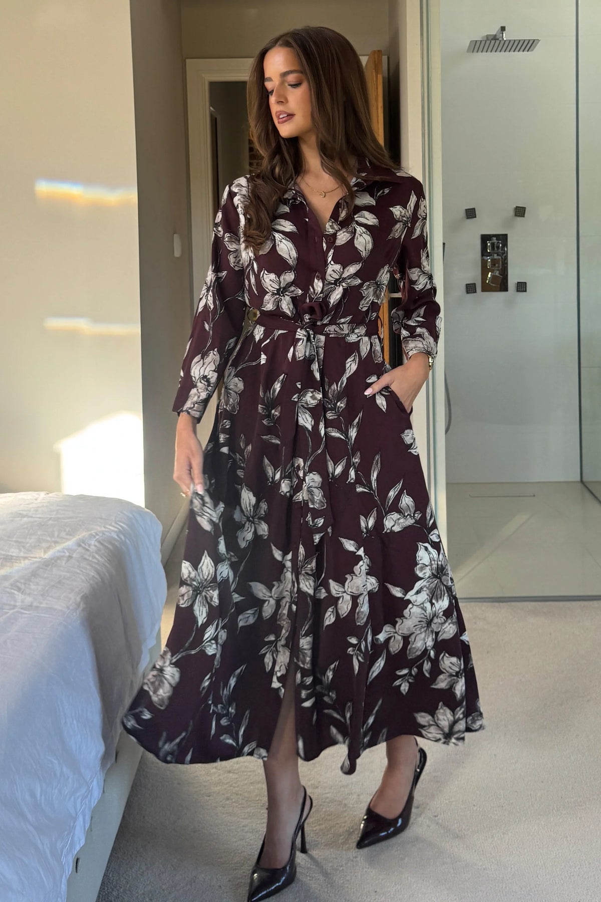 Girl In Mind Angela Long Sleeve Plum Floral Midaxi Shirt Dress