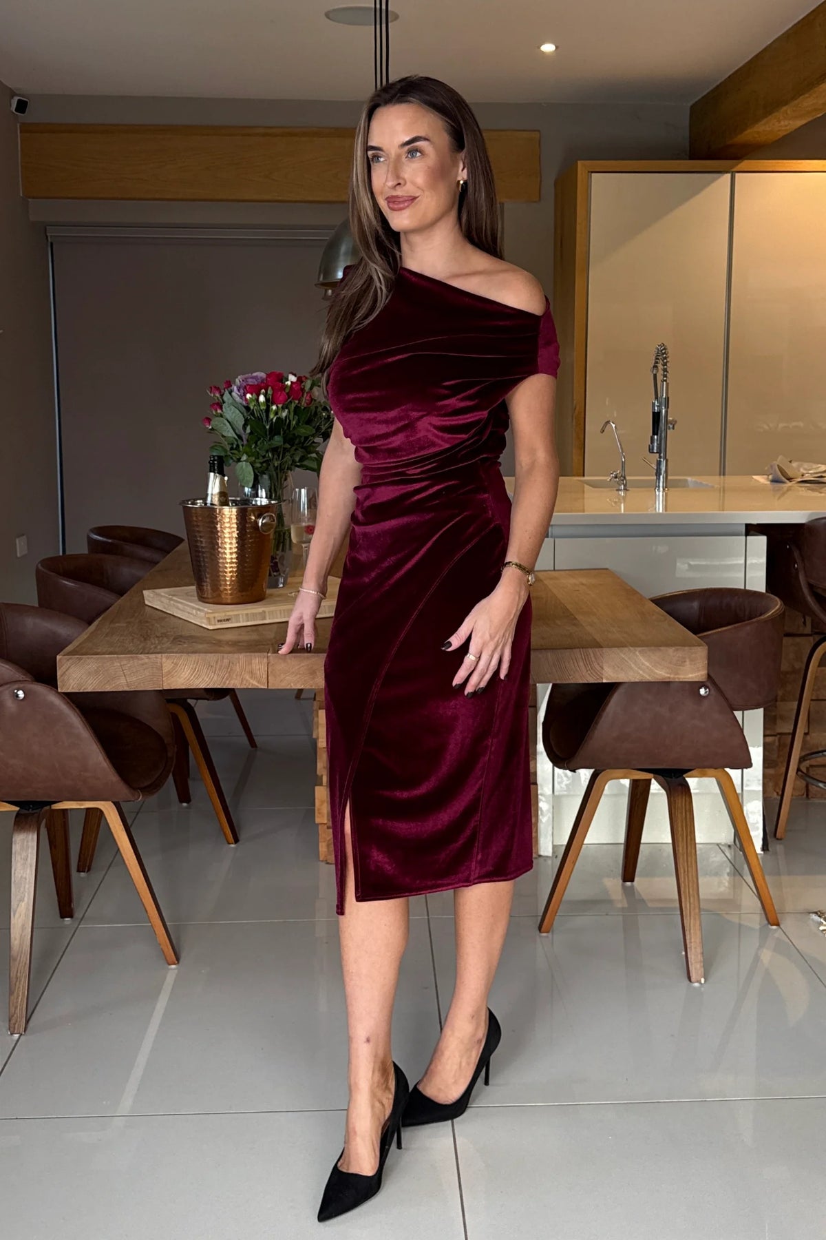 Girl In Mind Ariana Asymmetric Velvet Berry Midi Dress