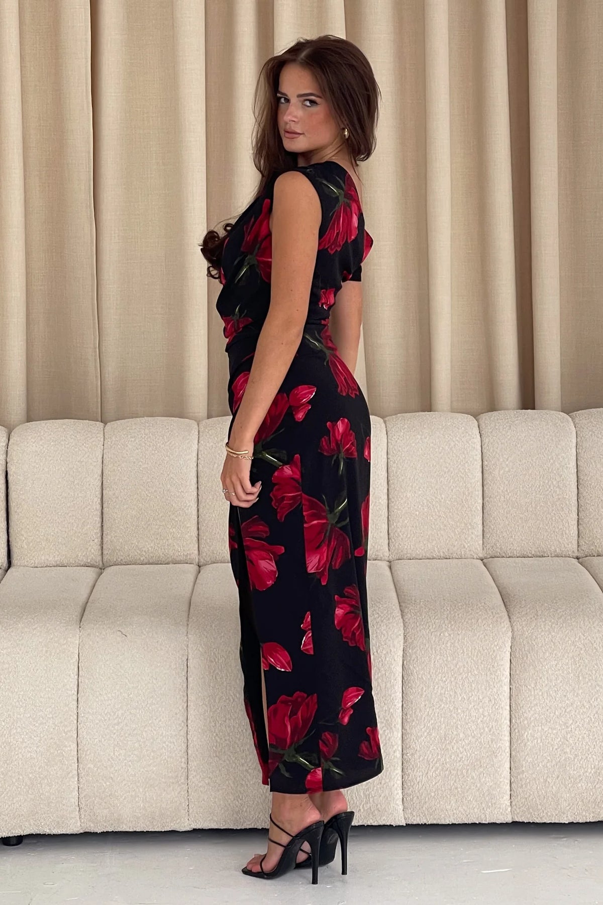 Girl In Mind Ariana Asymmetric Red Floral Midi Dress