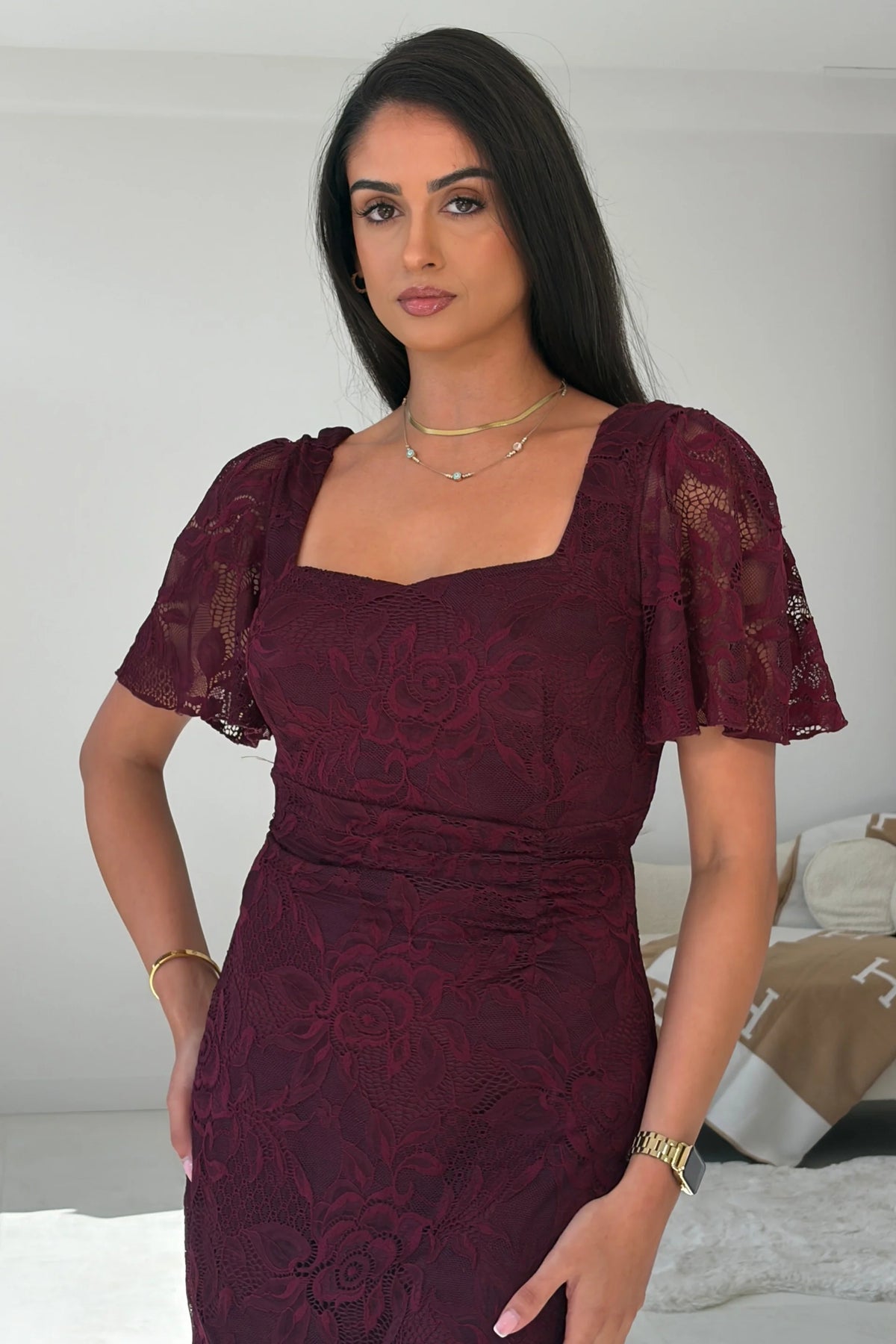 Girl In Mind Heidi Berry Lace Ruched Midi Dress