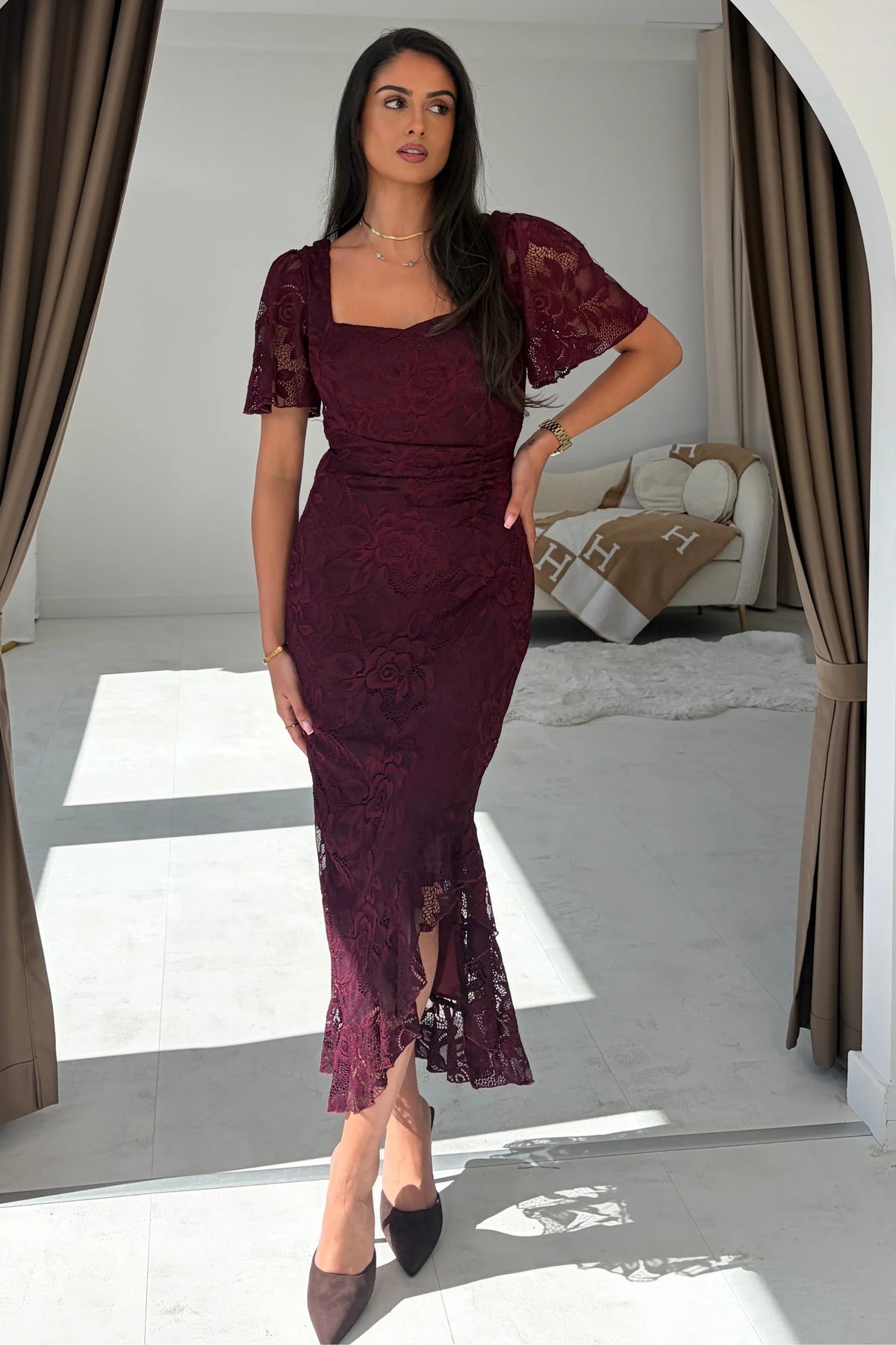 Girl In Mind Heidi Berry Lace Ruched Midi Dress