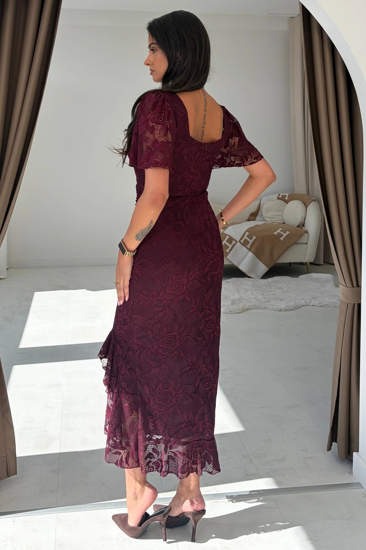 Girl In Mind Heidi Berry Lace Ruched Midi Dress