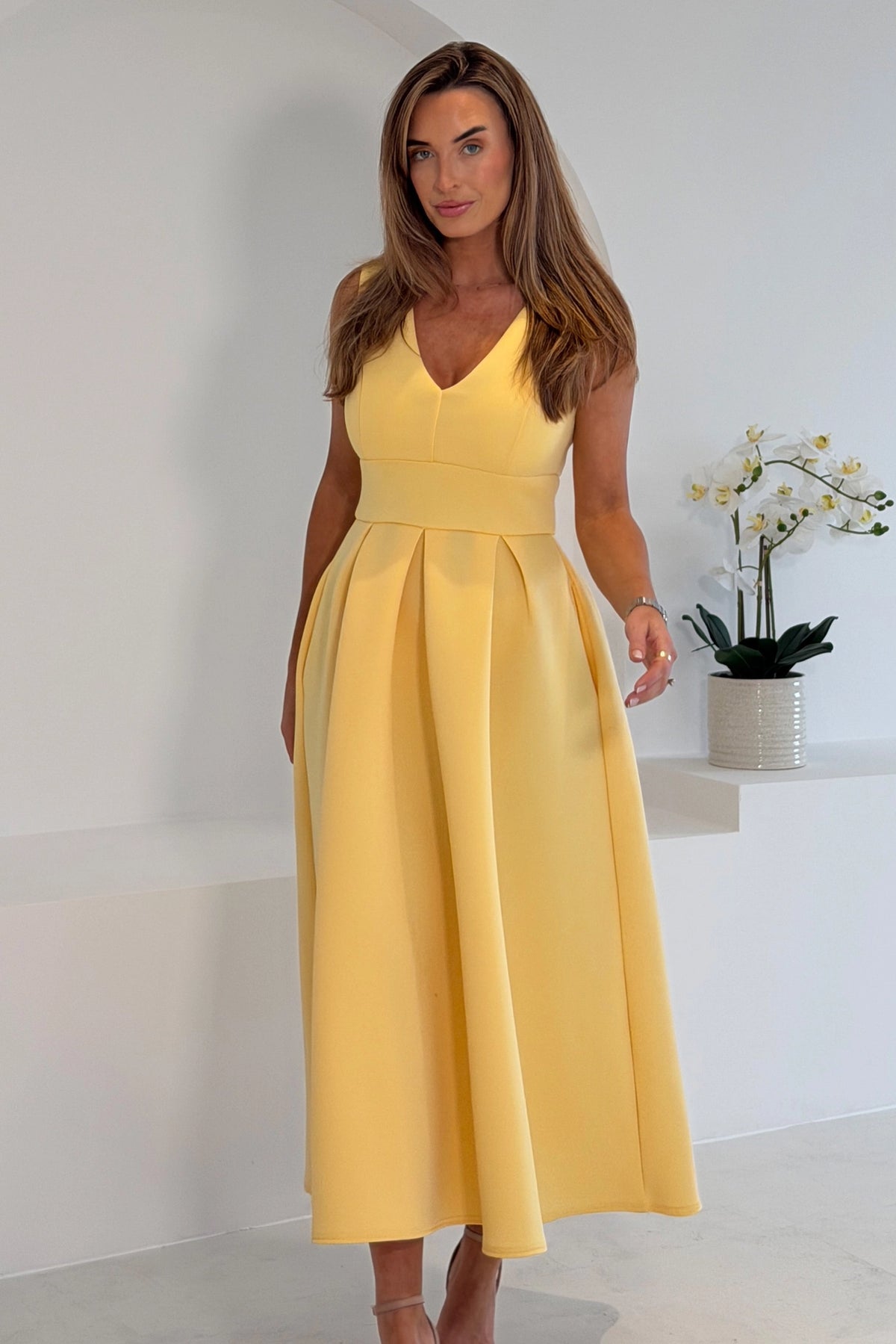 yellow v neck midi dress A Lot To Love V-Neck Midi Dress & Cardigan Set