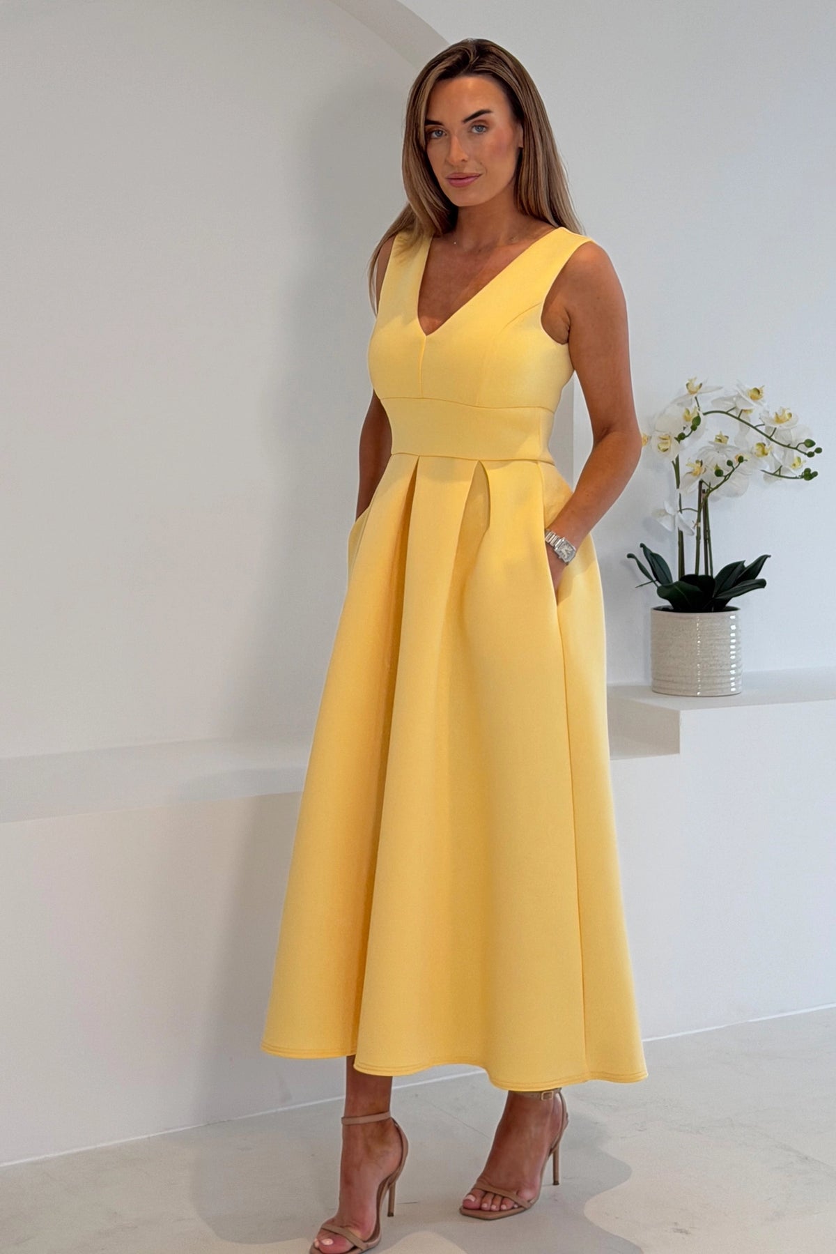 Girl In Mind Bethany Yellow V Neck Skater Midi Dress