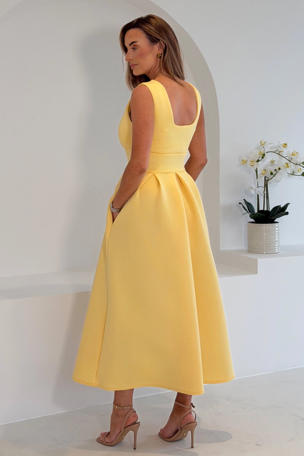 Girl In Mind Bethany Yellow V Neck Skater Midi Dress