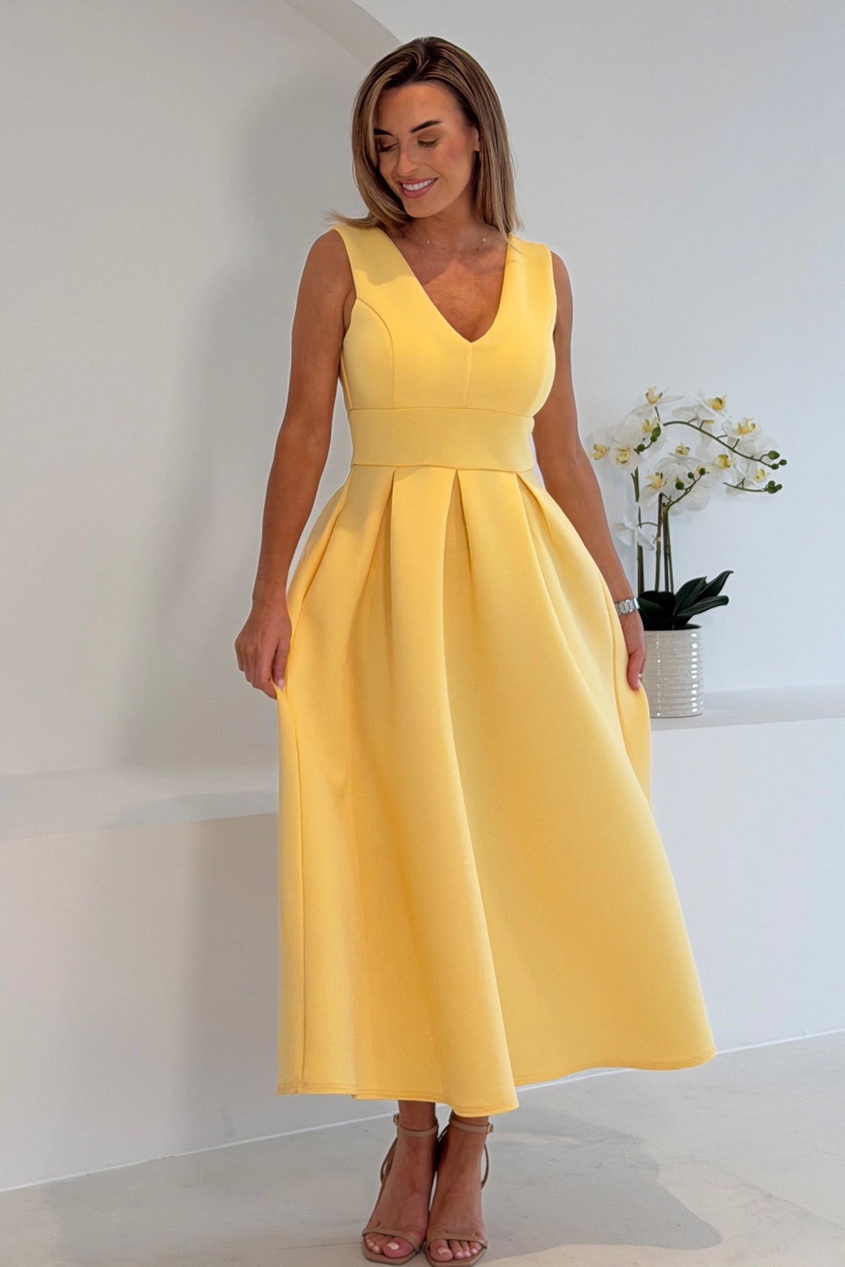 Girl In Mind Bethany Yellow V Neck Skater Midi Dress