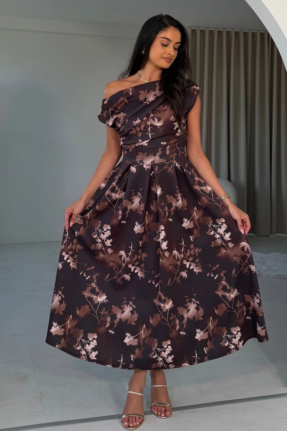 Girl In Mind Betty Asymmetric Brown Floral Midi Dress