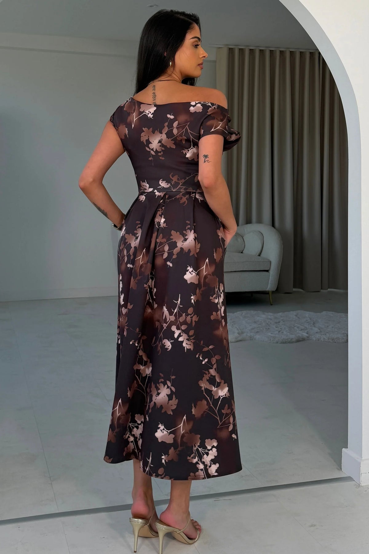 Girl In Mind Betty Asymmetric Brown Floral Midi Dress