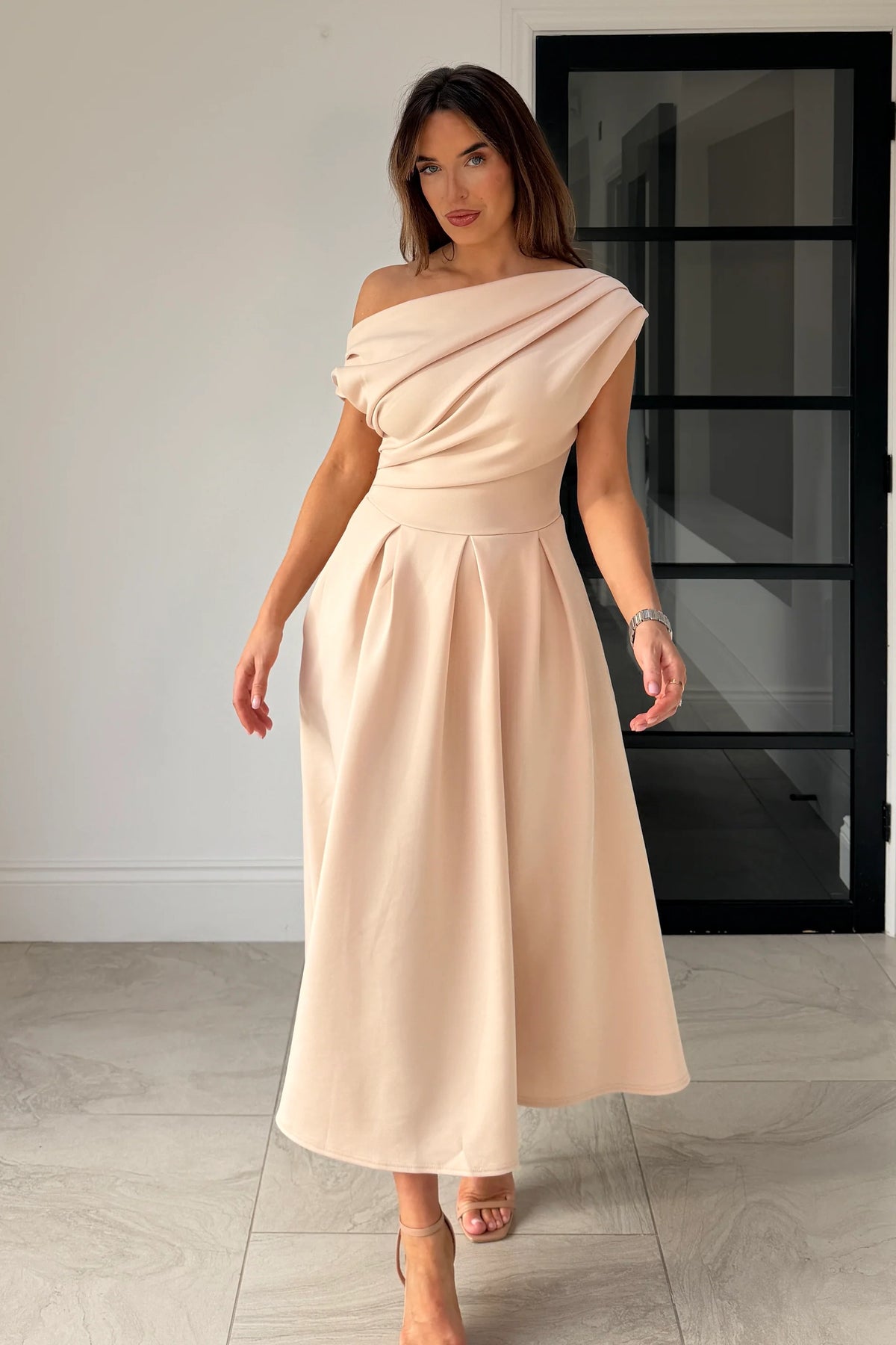 beige asymmetric dress Shona Joy - La Lune Asymmetrical Long Sleeve Mini Dress - Cream