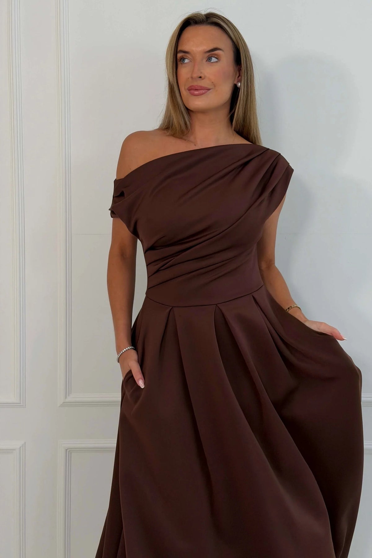 Girl In Mind Betty Asymmetric Dark Brown Midi Dress