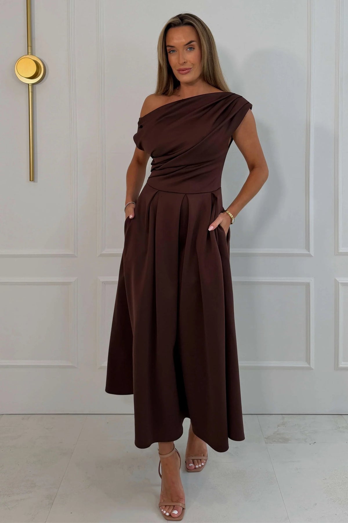 Girl In Mind Betty Asymmetric Dark Brown Midi Dress