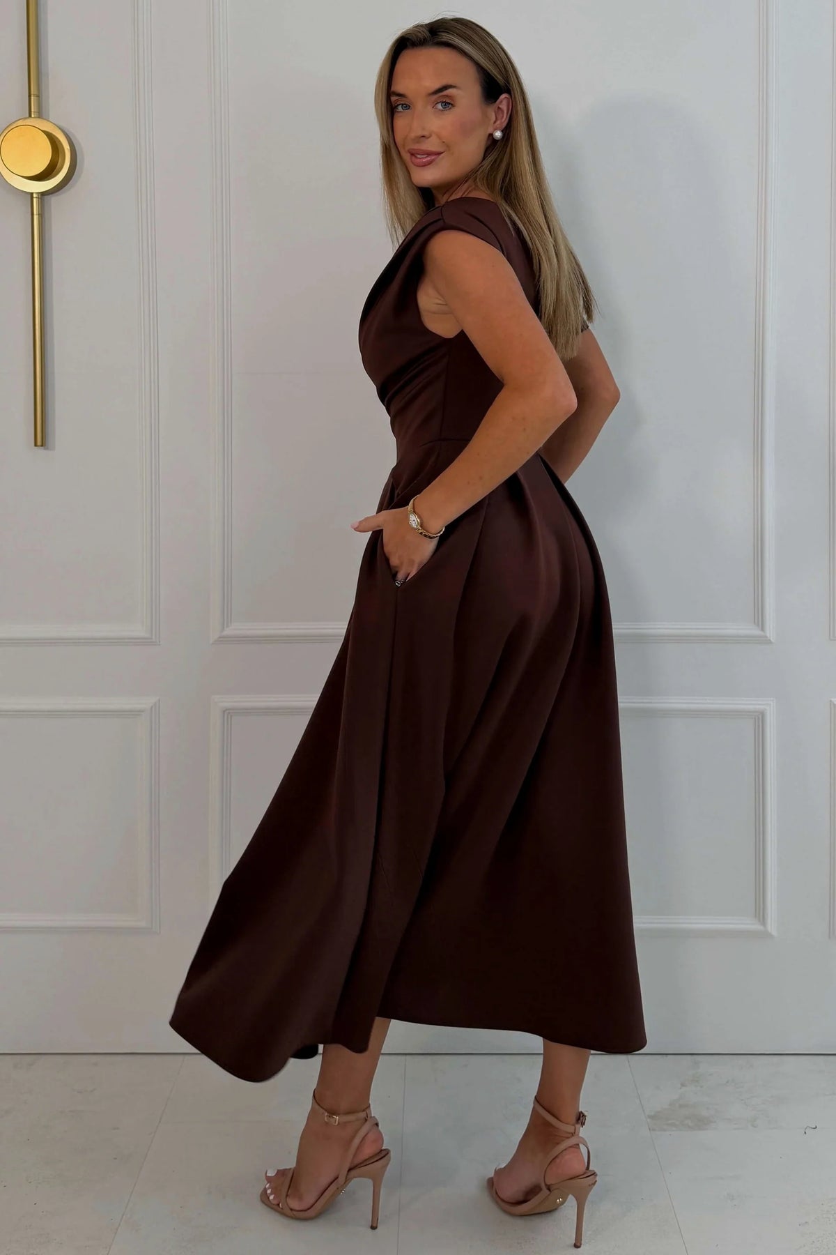 Girl In Mind Betty Asymmetric Dark Brown Midi Dress