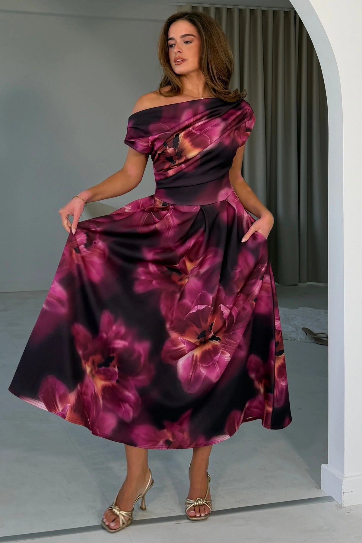 Girl In Mind Betty Asymmetric Plum Floral Midi Dress