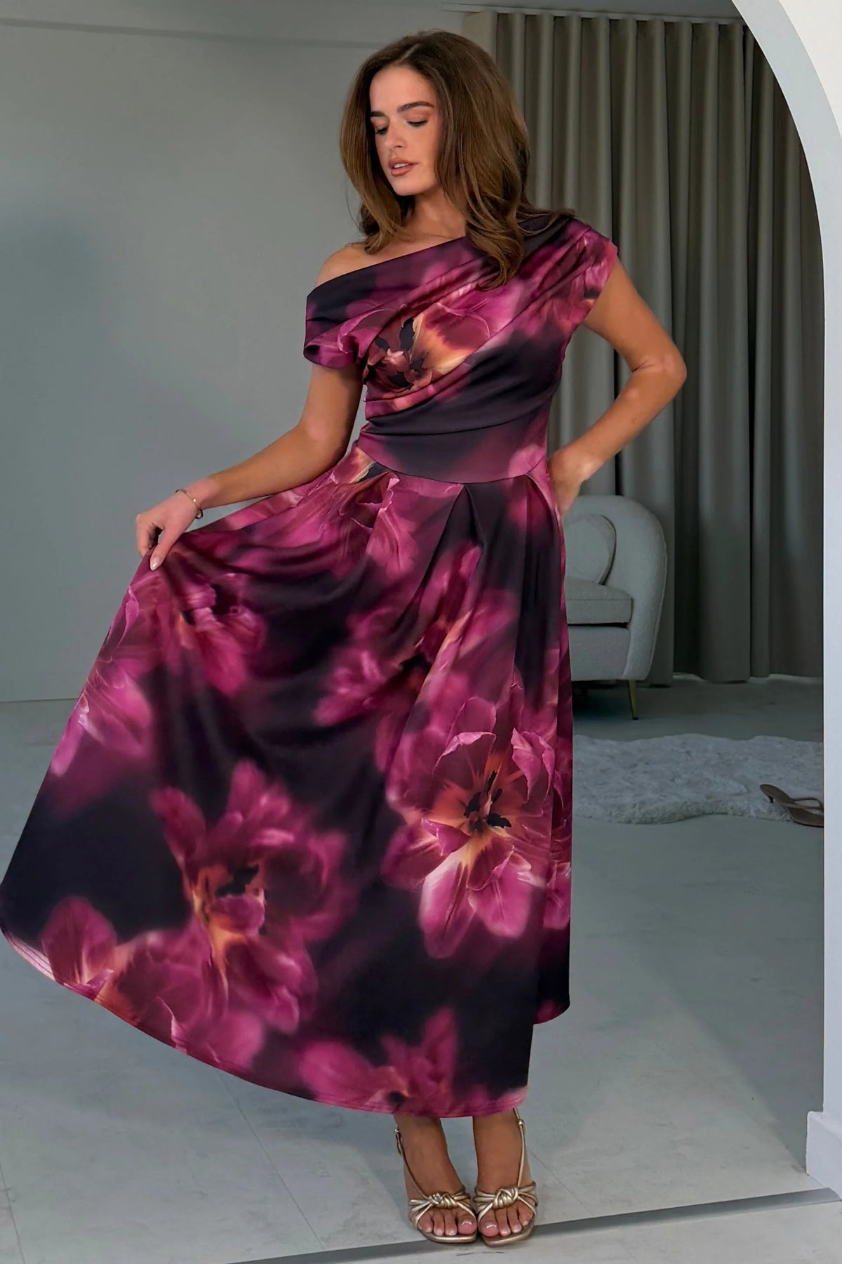 Girl In Mind Betty Asymmetric Plum Floral Midi Dress