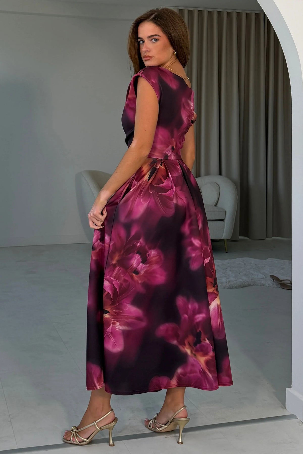 Girl In Mind Betty Asymmetric Plum Floral Midi Dress