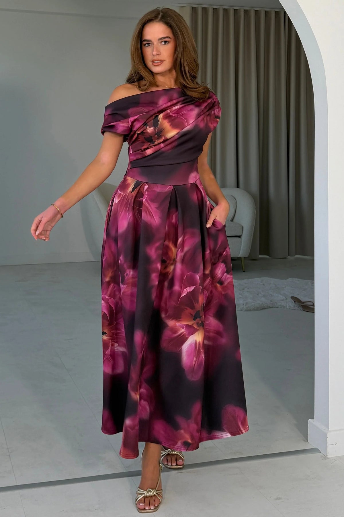 Girl In Mind Betty Asymmetric Plum Floral Midi Dress