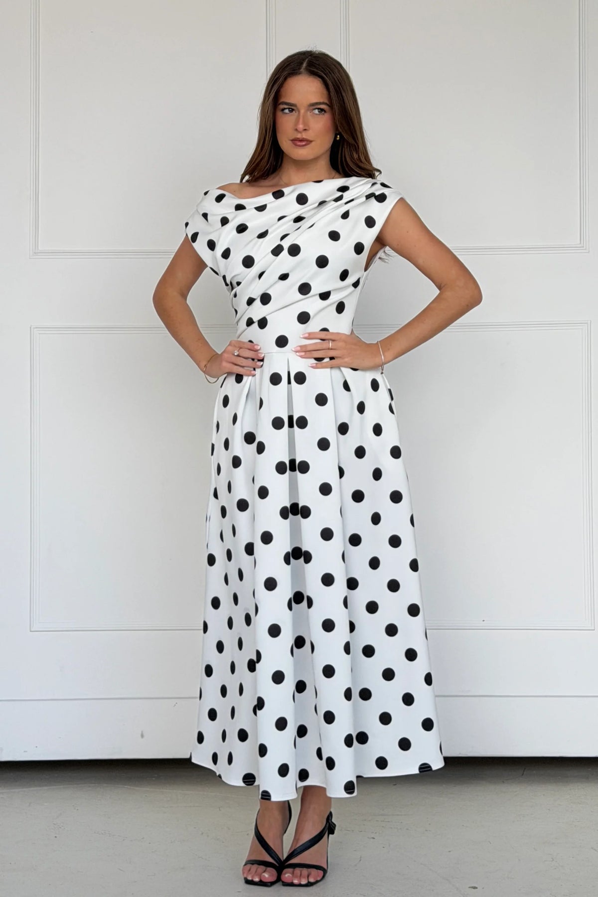 Girl In Mind Betty Asymmetric White Polka Dot Midi Dress