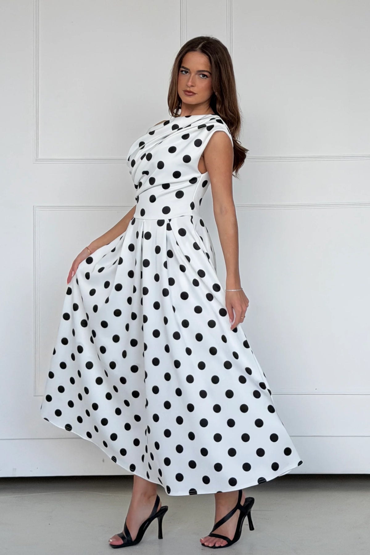 Girl In Mind Betty Asymmetric White Polka Dot Midi Dress