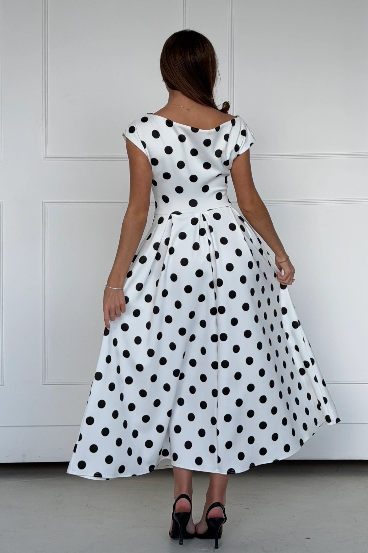 Girl In Mind Betty Asymmetric White Polka Dot Midi Dress