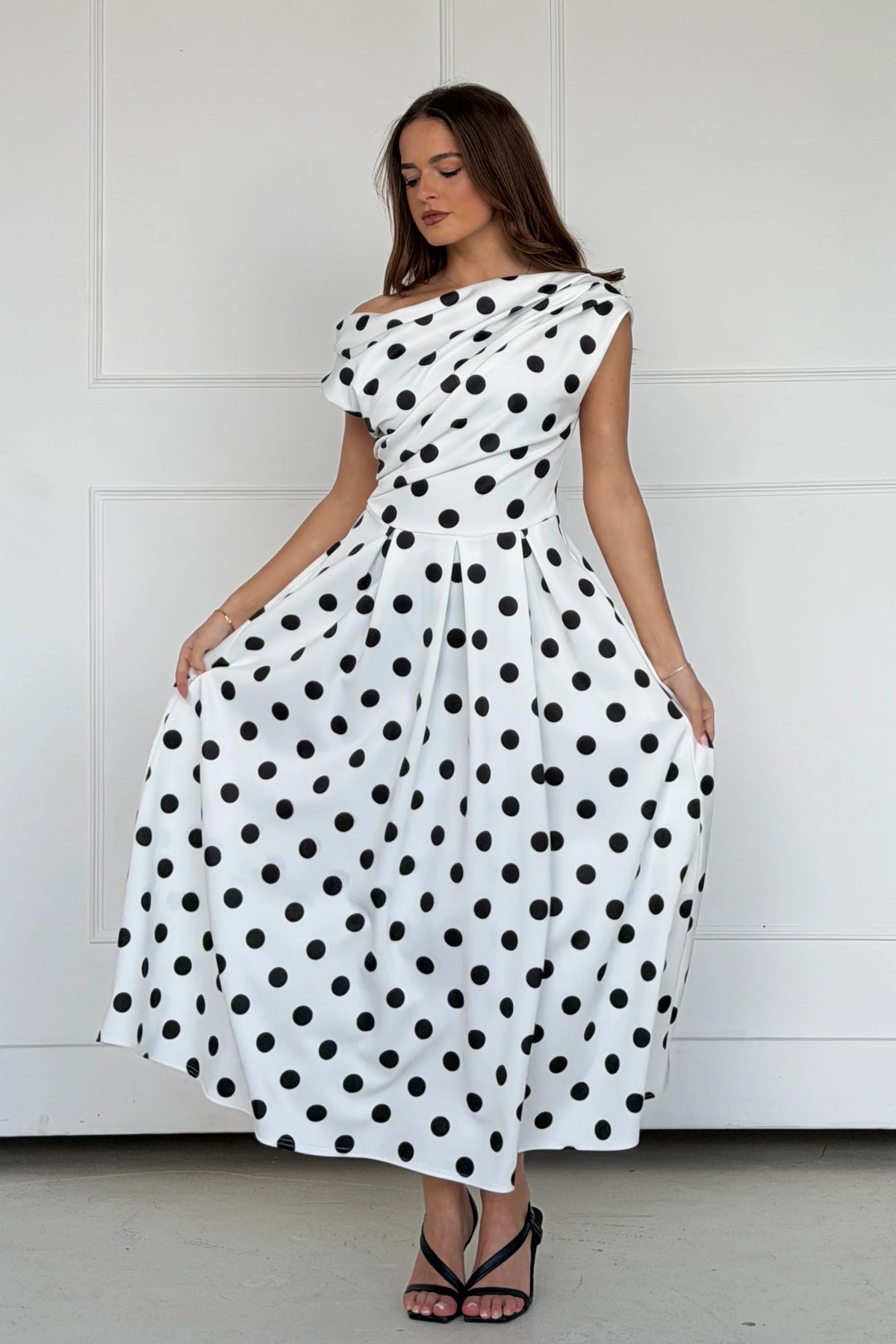 Girl In Mind Betty Asymmetric White Polka Dot Midi Dress