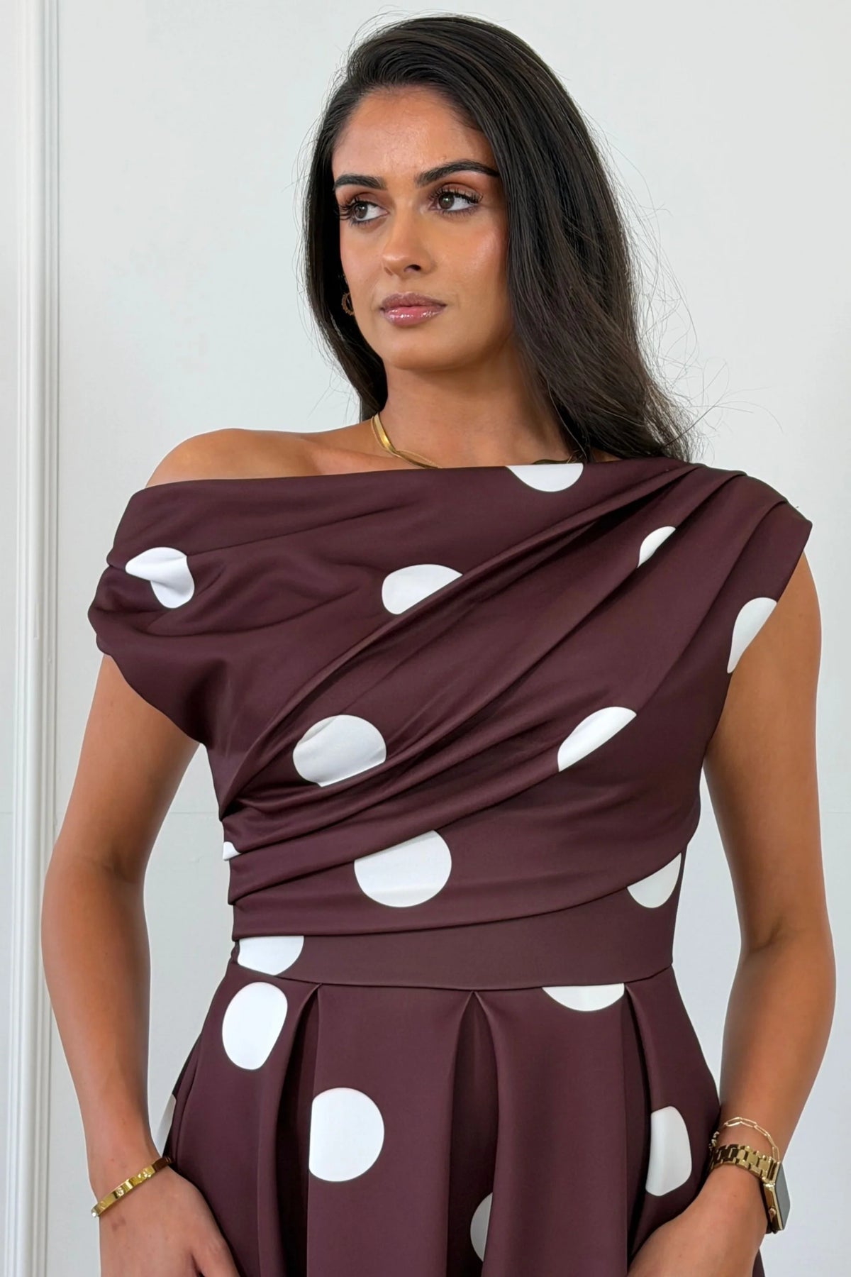 Girl In Mind Betty Asymmetric Brown Polka Dot Midi Dress