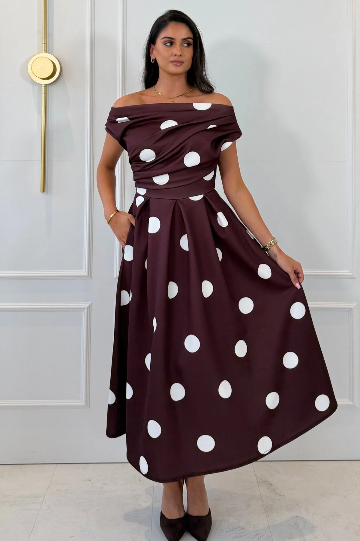 Girl In Mind Betty Asymmetric Brown Polka Dot Midi Dress