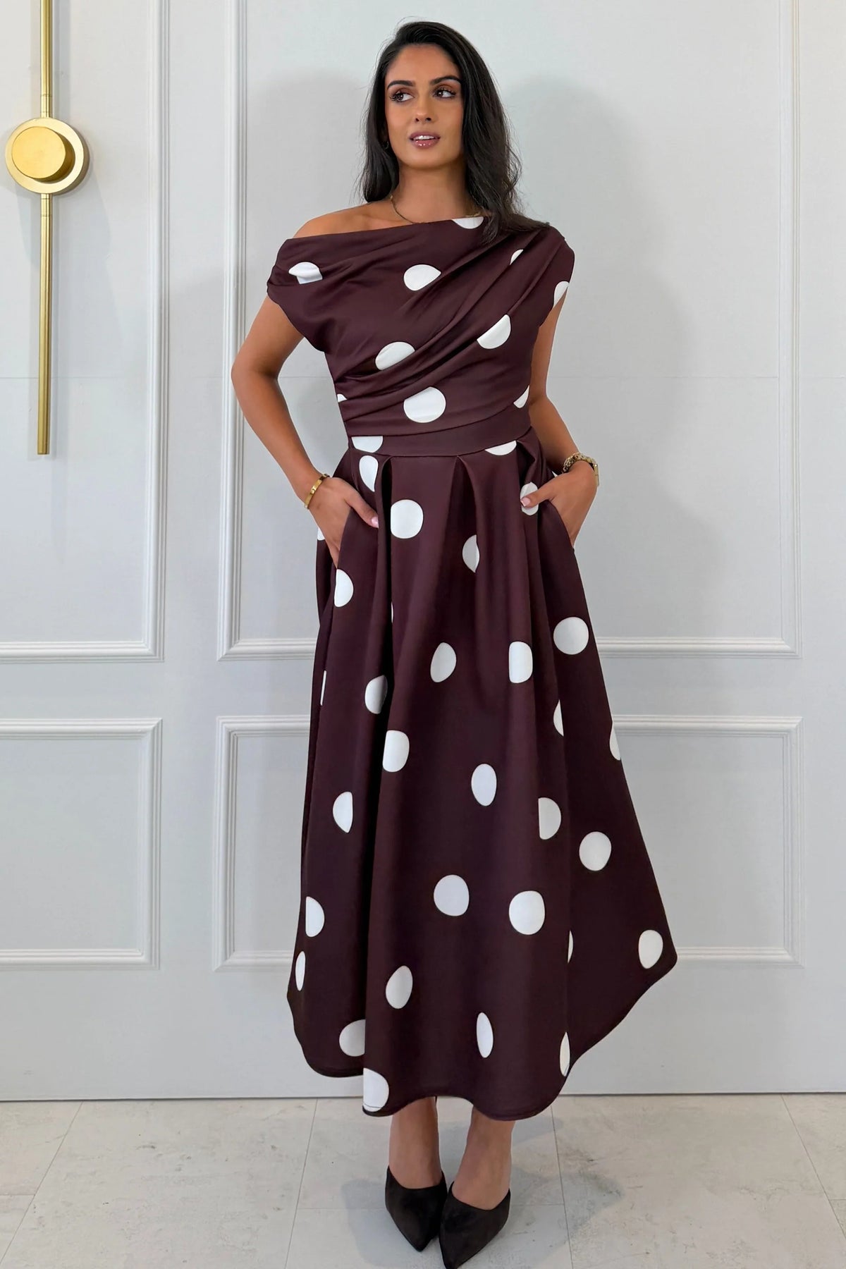 Girl In Mind Betty Asymmetric Brown Polka Dot Midi Dress