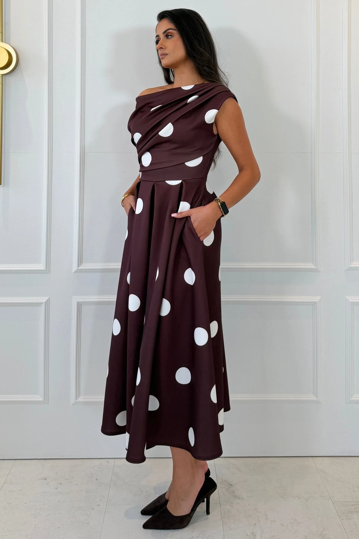 Girl In Mind Betty Asymmetric Brown Polka Dot Midi Dress