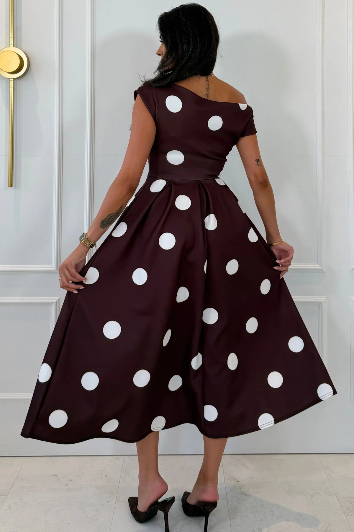 Girl In Mind Betty Asymmetric Brown Polka Dot Midi Dress