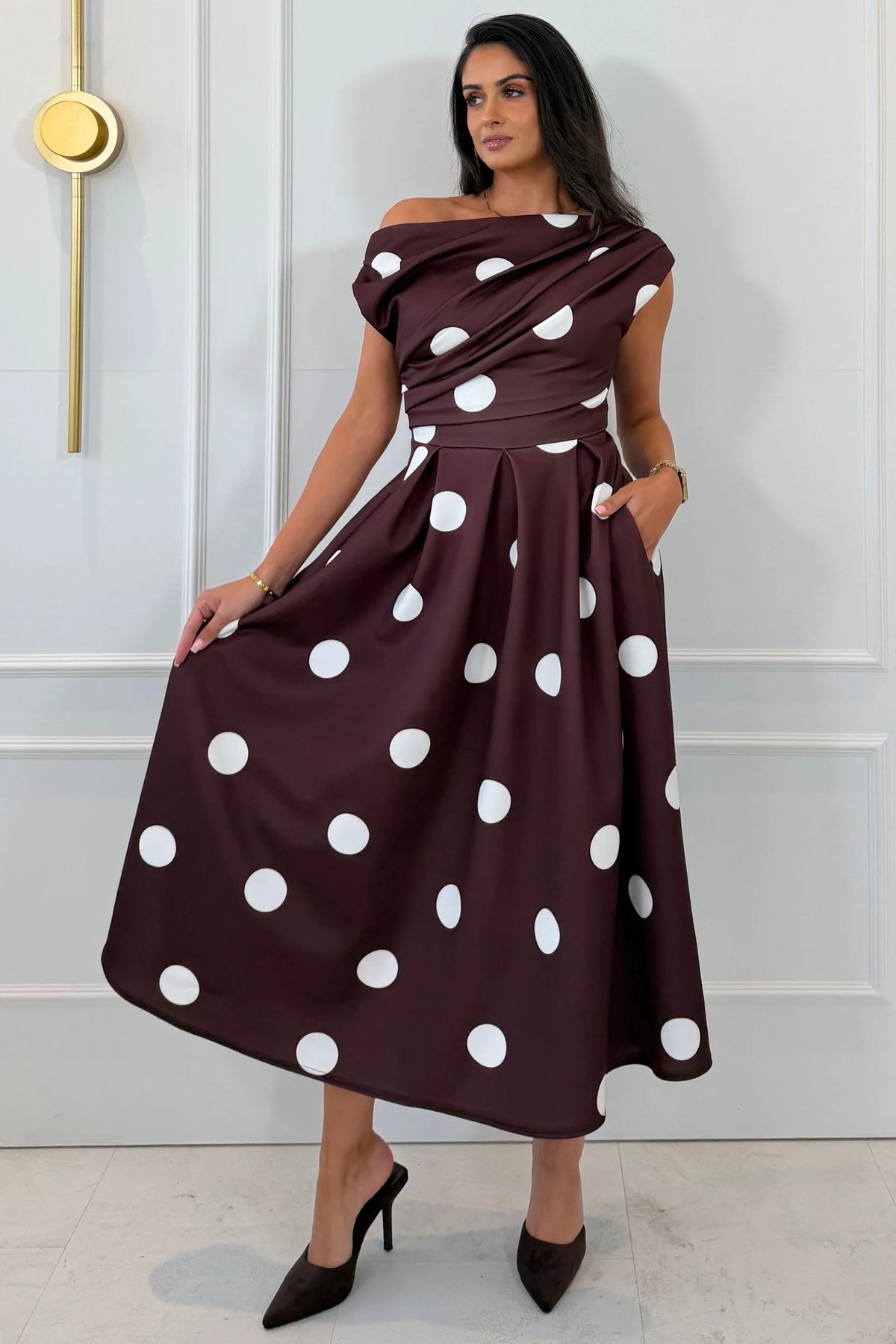 Girl In Mind Betty Asymmetric Brown Polka Dot Midi Dress