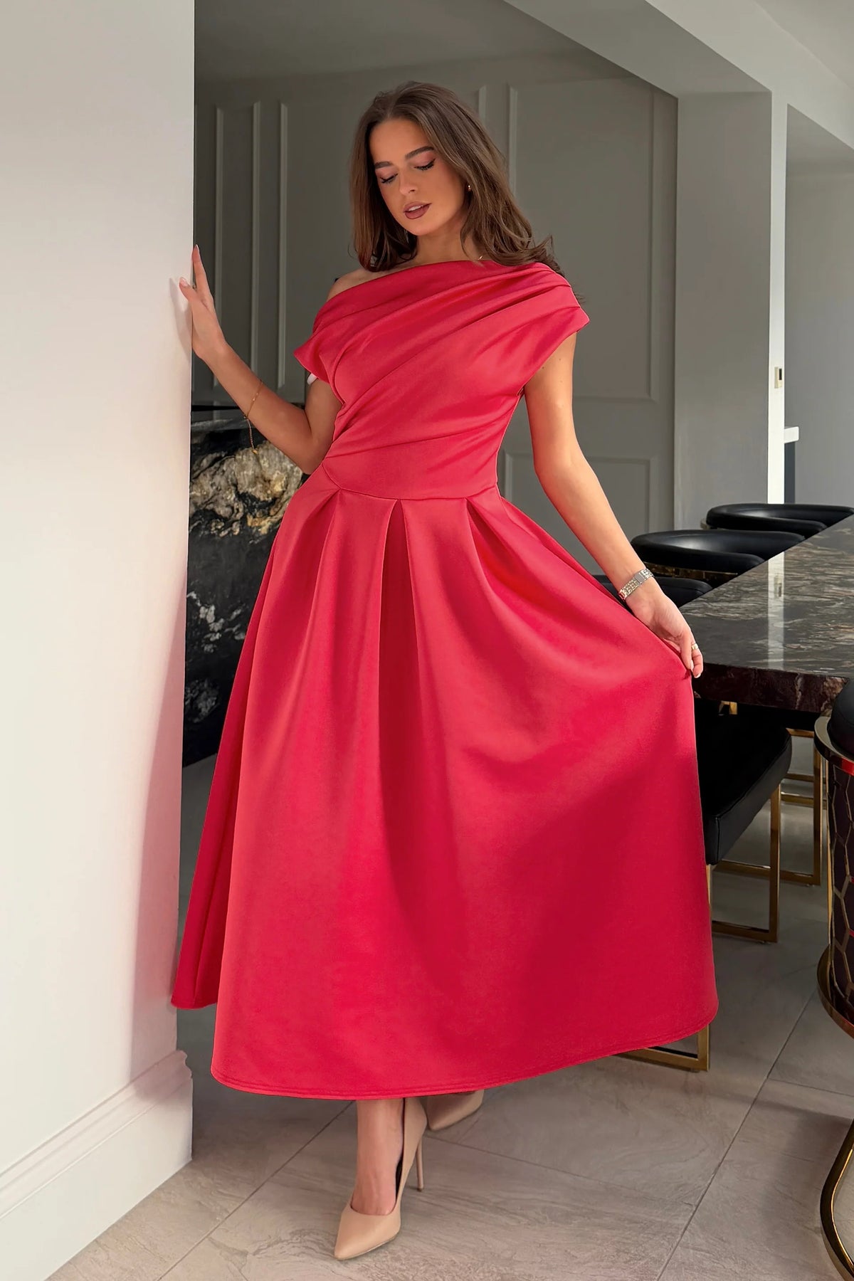 Girl In Mind Betty Asymmetric Coral Midi Dress