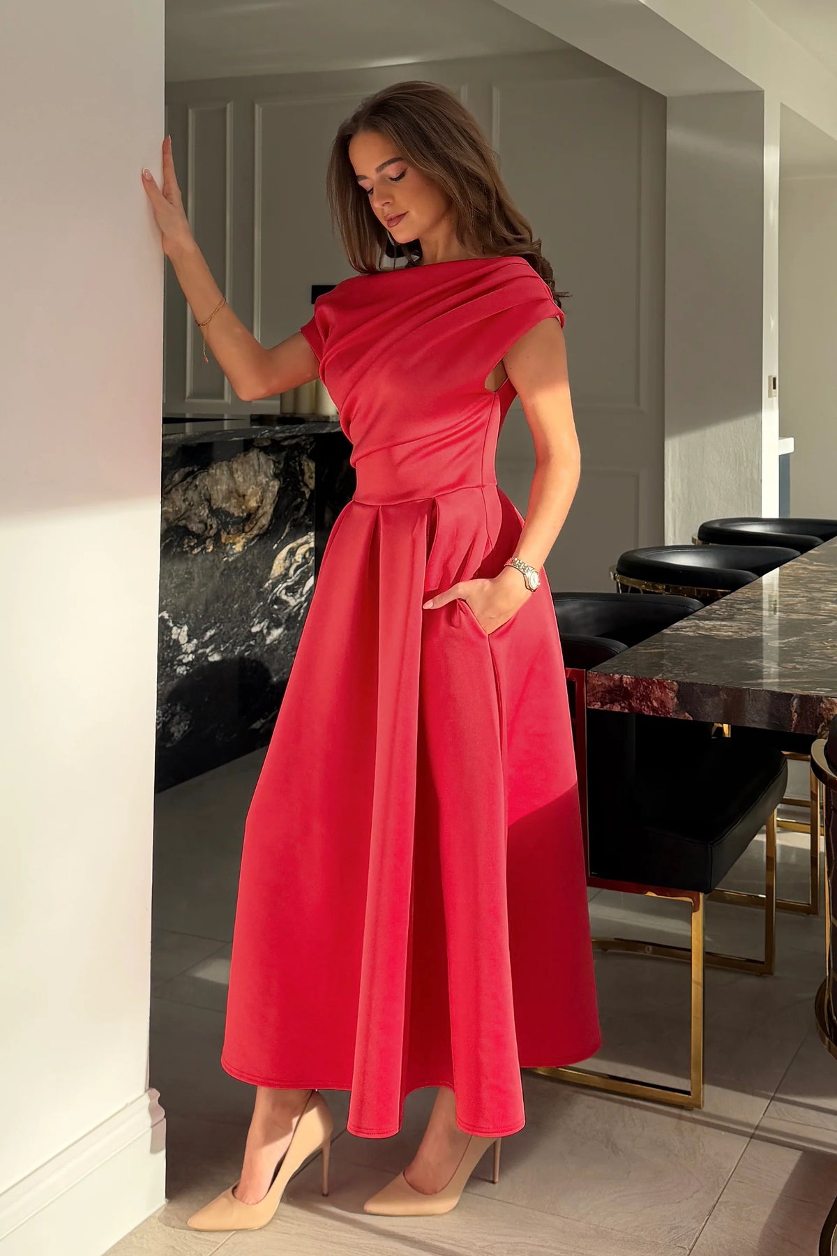 Girl In Mind Betty Asymmetric Coral Pink Midi Dress