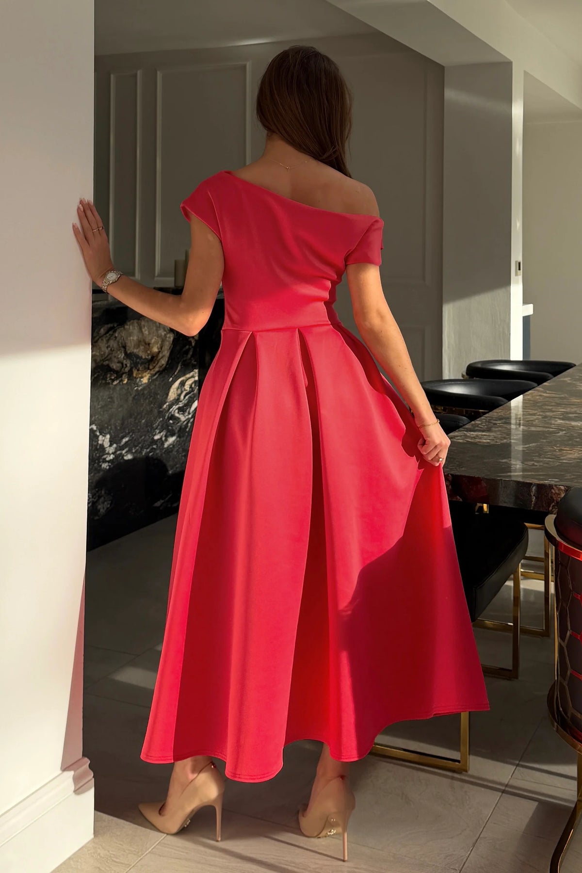 Girl In Mind Betty Asymmetric Coral Midi Dress