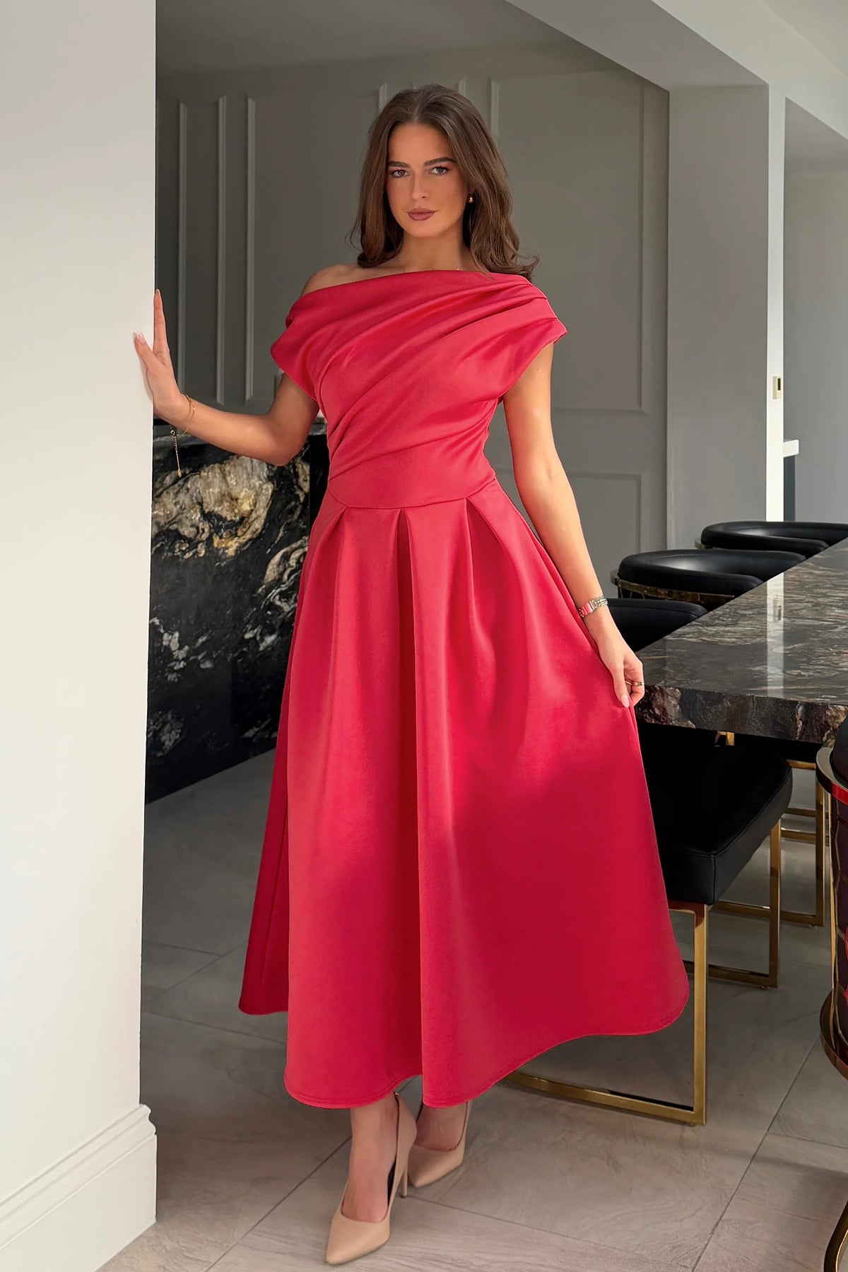 Girl In Mind Betty Asymmetric Coral Midi Dress