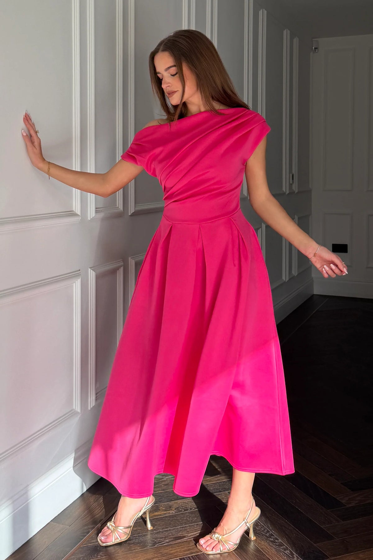 Girl In Mind Betty Asymmetric Hot Pink Midi Dress