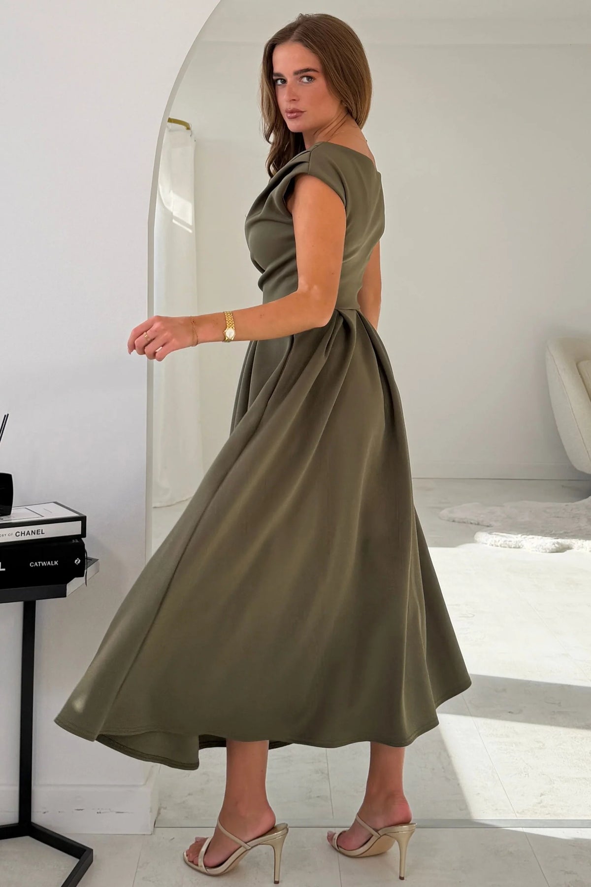 Girl In Mind Betty Asymmetric Khaki Green Midi Dress